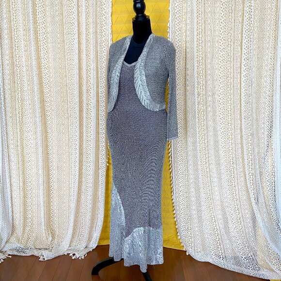 VTG 90s Damianou Silver Mesh/Lace Sexy Party Prom Evening Gown 2-Piece - Picture 3 of 17